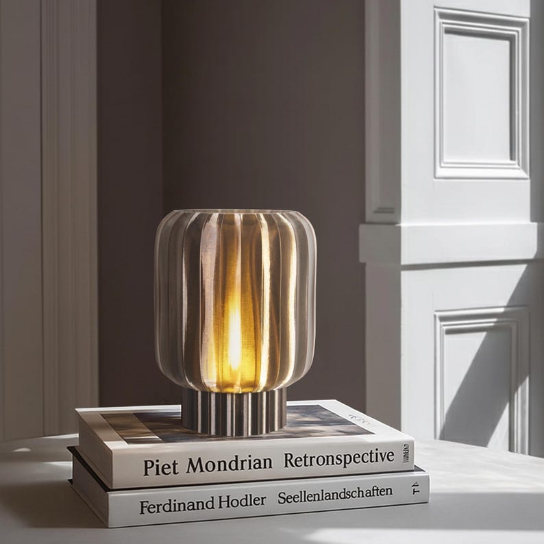 Modern Wide Ribbed Table Lamp – Smoke Color, Dimmable LED, Made in LA